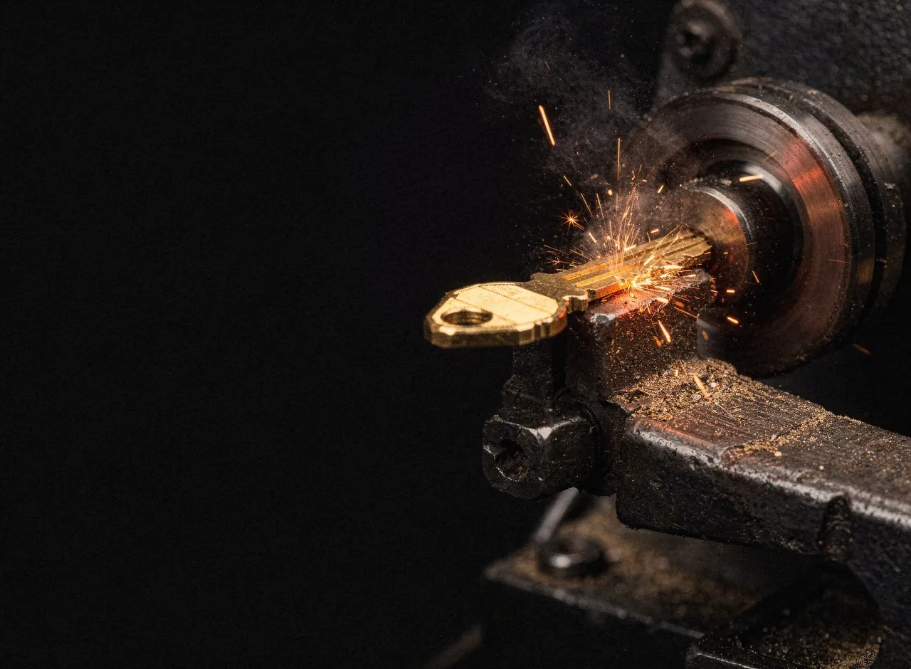 Reproduction d'une clé sur machine à tailler, gerbe d'étincelles