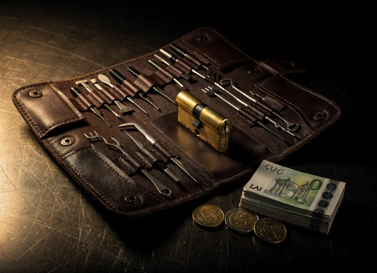 Trousse de serrurier en cuir avec outils et billets en euros, prix d'un dépannage
